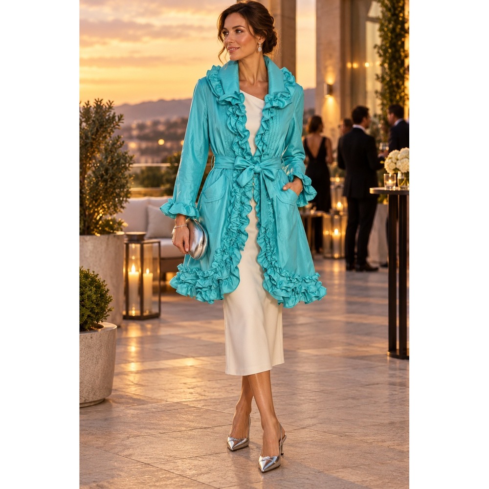 Samuel Dong Ruffle Trim Belted Trench Coat Aqua Blue Pintuck Formal L Regency
